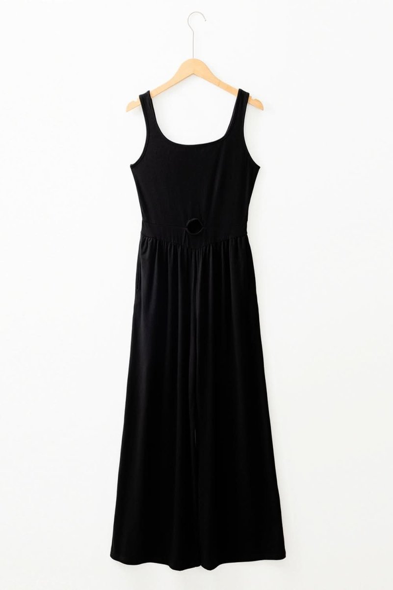 Chic Black Peekaboo Wide Leg Jumpsuit with Square Neck and Sleeveless Design - Love Salve
